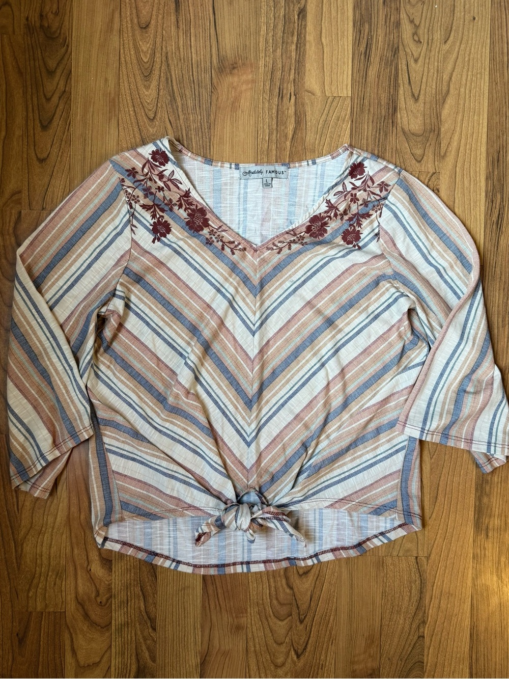 Absolutely Famous Striped Tie-Front Blouse in Cream, Dusty Rose & Blue